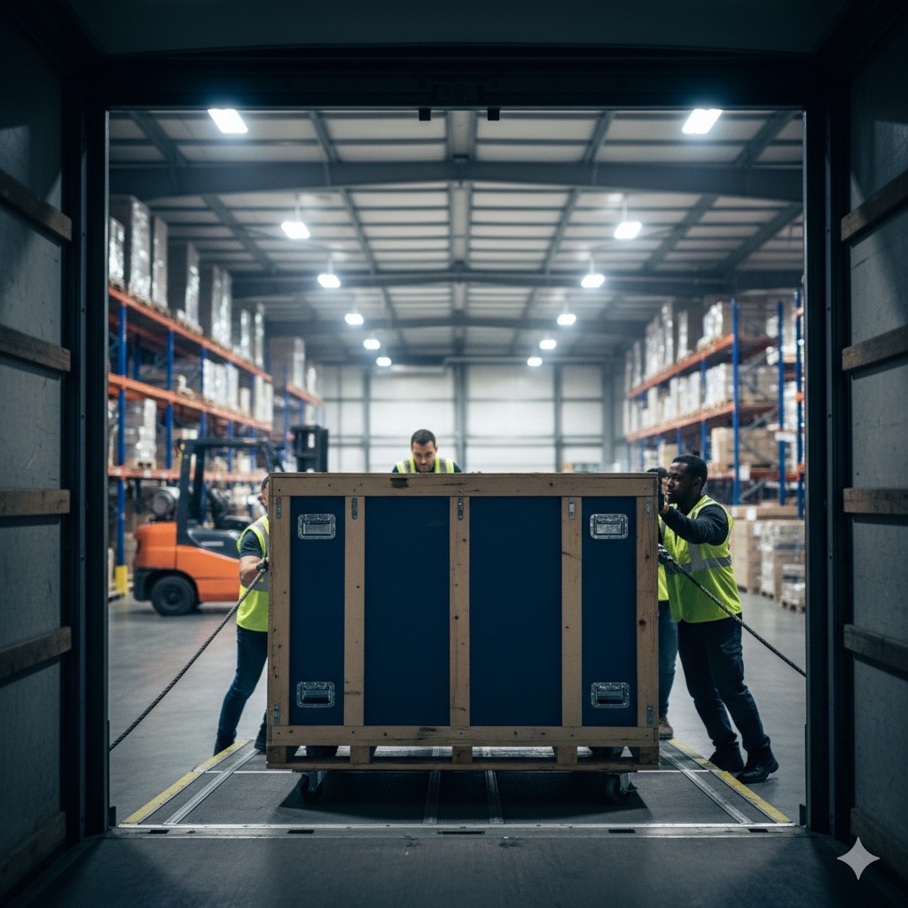 Warehouse team preparing crates for international fleet shipment